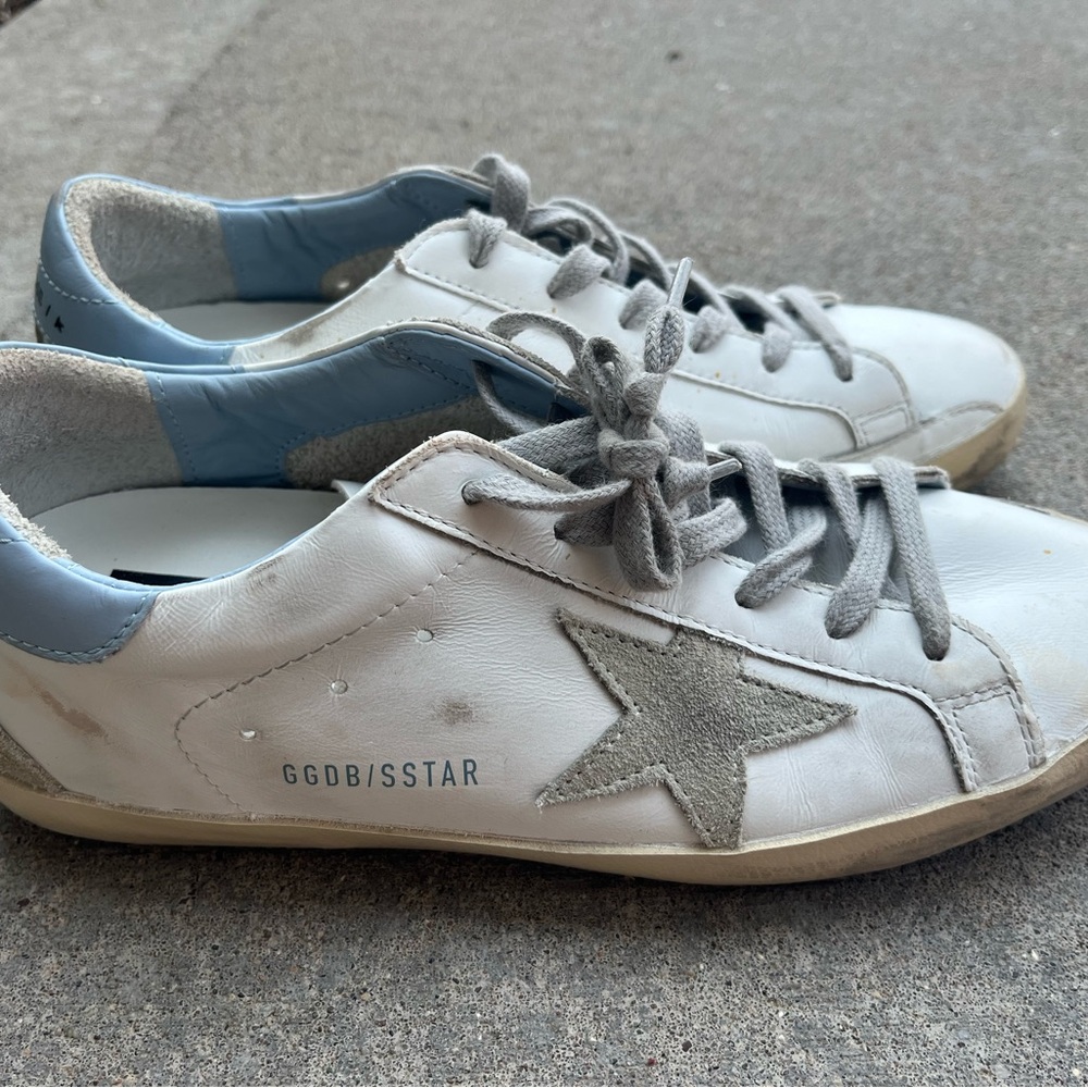 Women’s Golden Goose White and Powder Blue Super-Star Sneakers Size 39